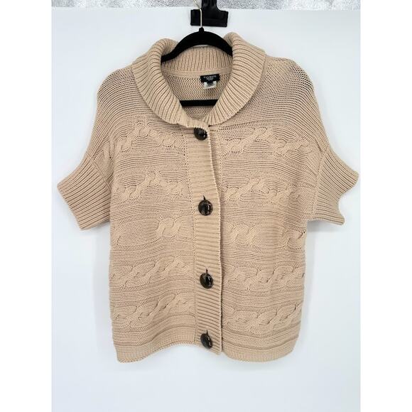 Talbots Sweater Tan Chunky Cable Knit Cardigan Short Sleeve Fisherman Size LP - Picture 1 of 8